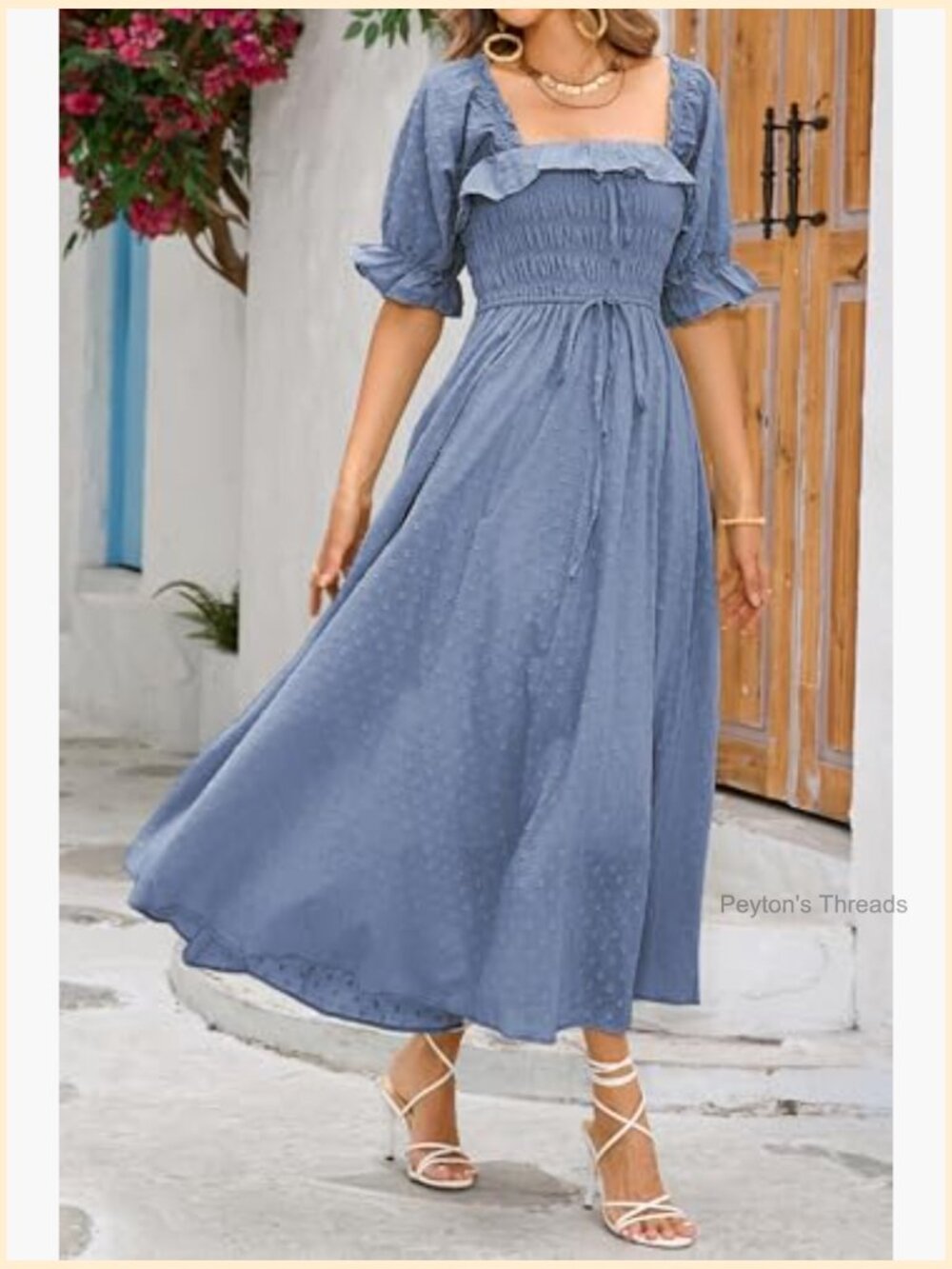Square Neck Midi Dress Puff Sleeve Smocked Elastic Waist - Picture 2 of 7